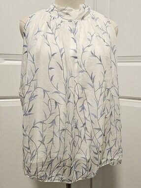 Elena Baldi Silk sleeveless blouse Blue Vine Flowers On White High Neck